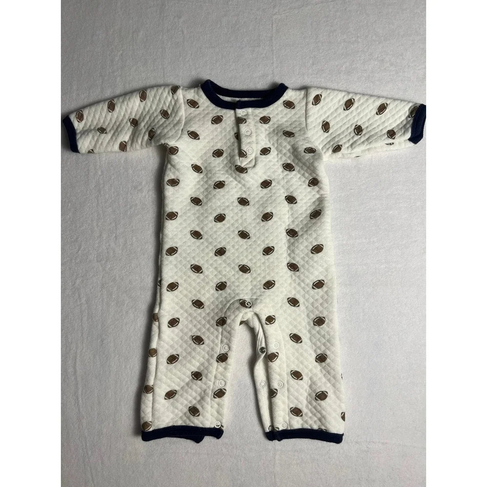 HB Quilted Football Romper Baby 3-6M White Navy Blue Long Sleeve Snap One Piece